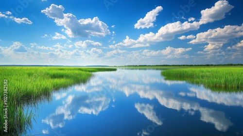 Calm, Blue Water with Grass and White Clouds Reflected in the Surface