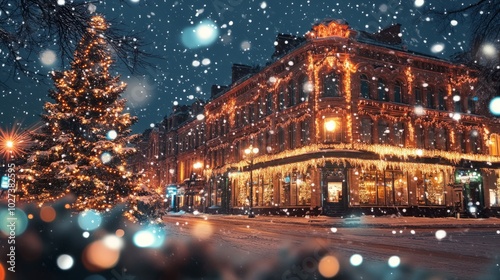 A Christmas-decorated building with twinkling lights, as gentle snowflakes fall in the calm night.