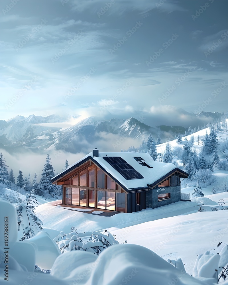 Fototapeta premium Cozy Geothermal Powered Cabin Nestled in a Snowy Landscape Symbolizing Renewable Energy Solutions