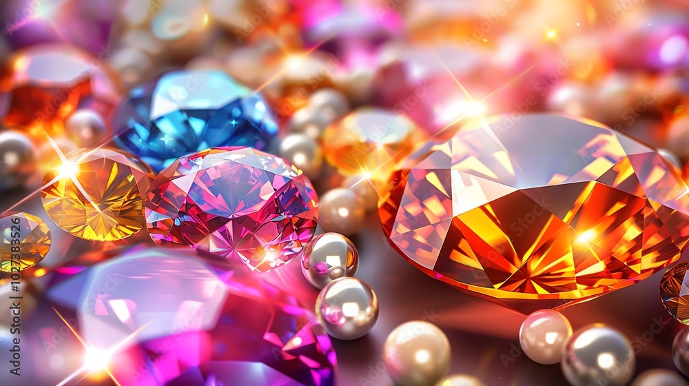 A collection of colorful gemstones, including diamonds, rubies, sapphires, and pearls, with a glittering effect. A collection of colorful gemstones, including diamonds, rubies, sapphires, and pearls, with a glittering effect.