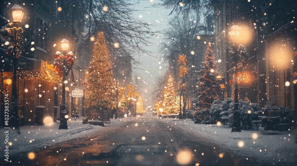 A scenic winter boulevard with snow falling and Christmas decorations adding warmth to the chilly air. A scenic winter boulevard with snow falling and Christmas decorations adding warmth to the chilly air.
