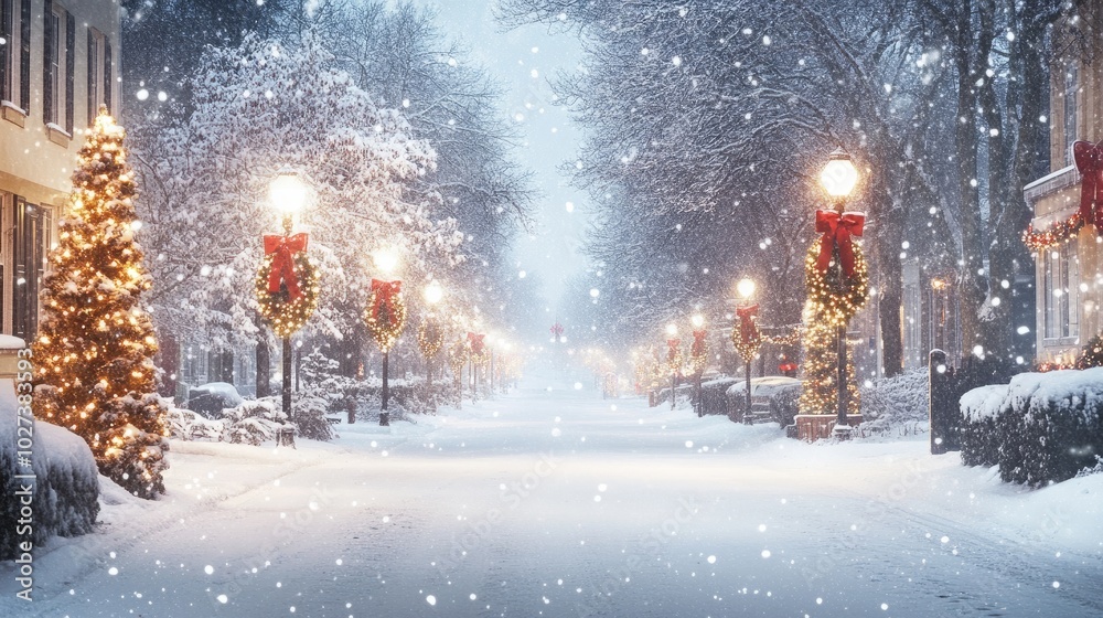 A scenic winter boulevard with snow falling and Christmas decorations adding warmth to the chilly air. A scenic winter boulevard with snow falling and Christmas decorations adding warmth to the chilly air.