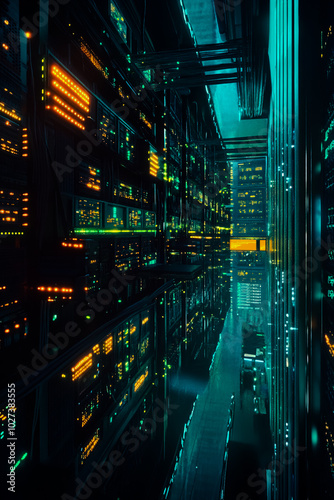A high-quality image depicting a modern data center with extensive network infrastructure.