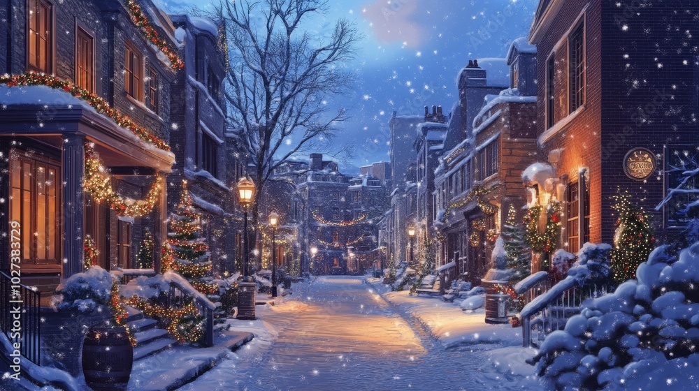 A snowy Christmas evening, with decorated buildings and a calm, peaceful urban atmosphere. A snowy Christmas evening, with decorated buildings and a calm, peaceful urban atmosphere.