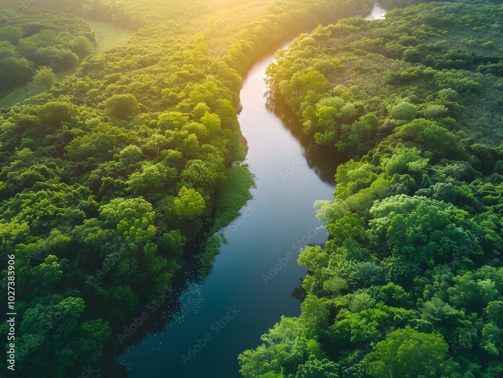 Aerial View of a Lush Forest River Flowing Through a Thriving Ecosystem Aerial View of a Lush Forest River Flowing Through a Thriving Ecosystem