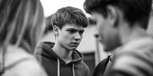 A young teenage boy appears focused in a black and white image, engaged in a serious conversation with peers, reflecting intensity and contemplation in human interactions.