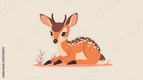 A cute, cartoon-style fawn resting on the ground with a soft color palette.