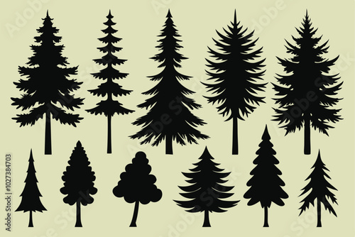 Set of collection of pine tree silhouettes. Various shapes of fir tree vector silhouettes