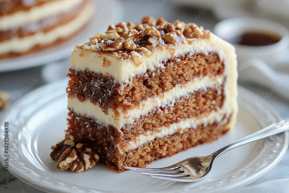 Carrot cake slice with cream cheese frosting and caramel Carrot cake slice with cream cheese frosting and caramel