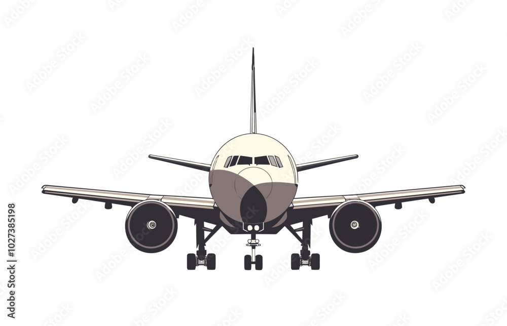A front view of a large passenger airplane with its wings spread wide and landing gear extended, ready for takeoff or landing. The plane symbolizes air travel, transportation, and aviation. A front view of a large passenger airplane with its wings spread wide and landing gear extended, ready for takeoff or landing. The plane symbolizes air travel, transportation, and aviation.