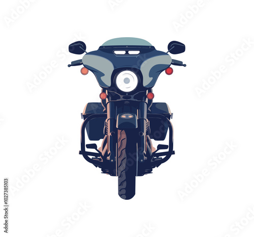  A detailed illustration of a motorcycle from the front, showcasing its headlight, handlebars, and sturdy design. A symbol of speed, freedom, and adventure on the open road
