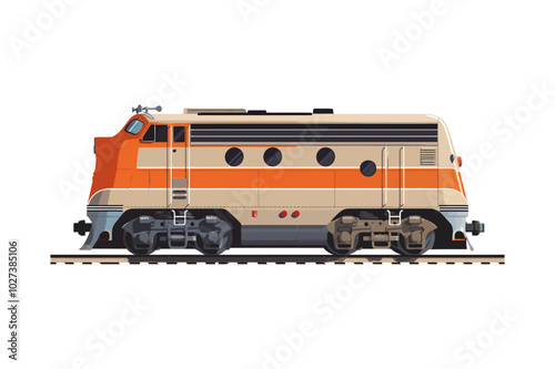 A side view of an orange and beige locomotive on railway tracks. The train's vintage design and color scheme emphasize its classic appearance, perfect for rail transport enthusiasts.