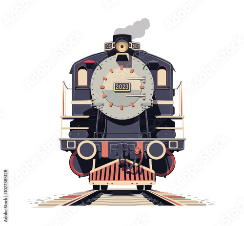 A front-facing illustration of a classic steam locomotive, exuding a vintage feel with its billowing smoke, round headlights, and rugged design. A nostalgic symbol of early train travel.