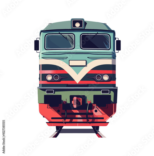 A retro-style locomotive with a green and red color scheme, viewed from the front. This vintage train evokes a nostalgic feeling, reminding us of the classic era of rail transport.