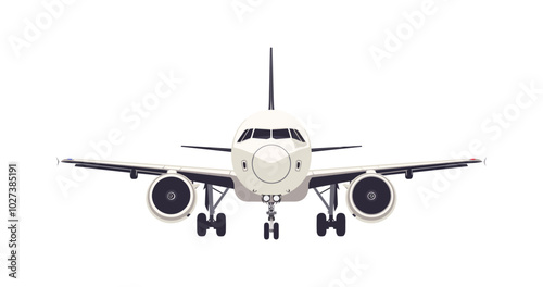A front view of a large passenger airplane with its wings spread wide and landing gear extended, ready for takeoff or landing. The plane symbolizes air travel, transportation, and aviation.