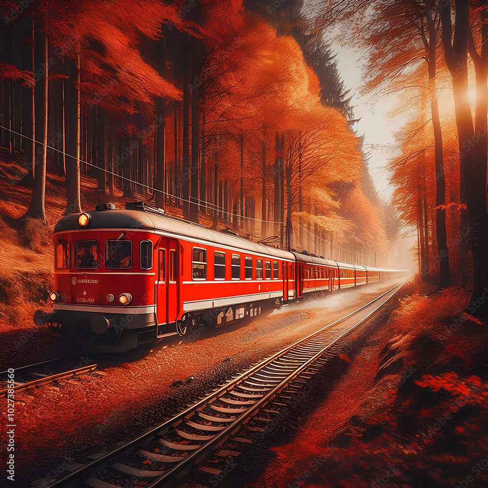 Obraz premium Red Train Traveling Through Autumn Forest at Sunset.generative AI.