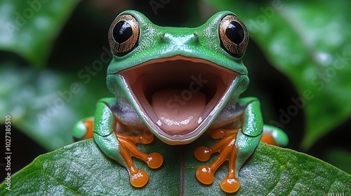 Vibrant green tree frog perched on a leaf with its mouth wide open in a tropical forest