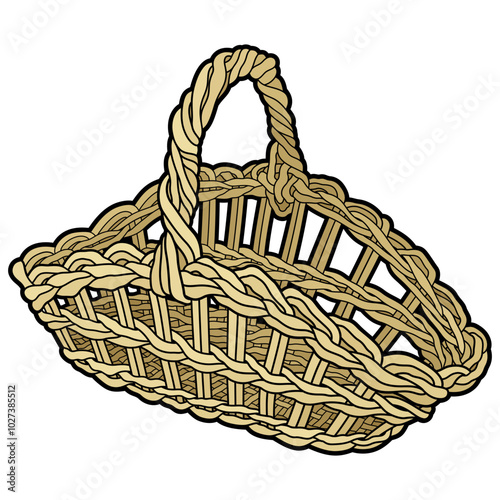 Cartoon hand drawn wicker basket isolated on white background. Vector doodle illustration