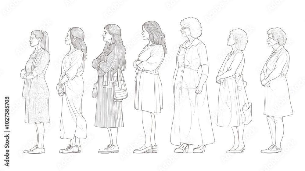 Women day line art illustration. Women Empowerment. women of different ages standing side by side. Women day line art illustration. Women Empowerment. women of different ages standing side by side.