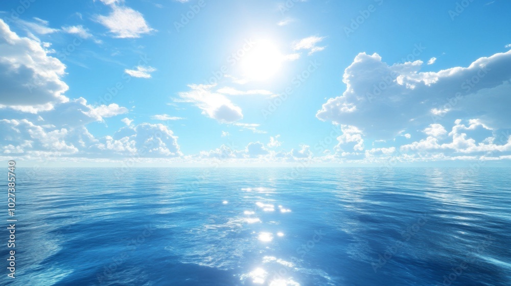 Calm Blue Ocean with White Clouds and Bright Sun Calm Blue Ocean with White Clouds and Bright Sun