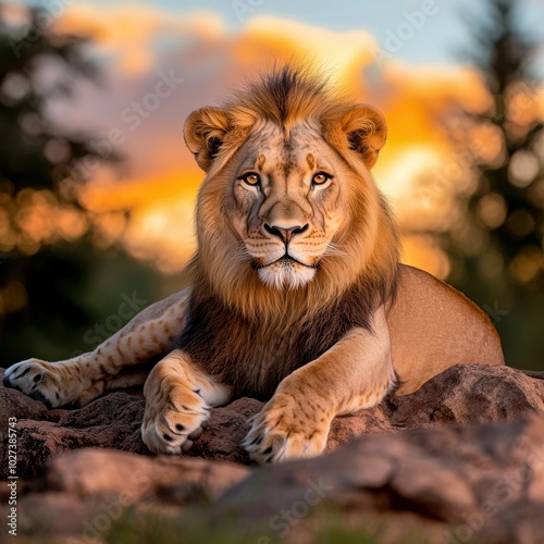 Majestic Lion Perched atop Rocky Outcropping photo