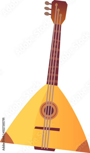 A traditional balalaika characterized by its distinctive triangular body and long neck stands prominently with its bright yellow hue highlighting the intricate detailing of the instrument.