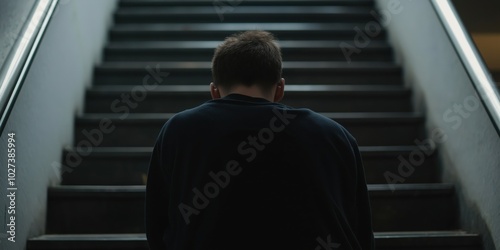 A man sits alone on a dimly lit staircase, viewed from behind, capturing a moment of introspection, contemplation, solitude, and emotional reflection. photo