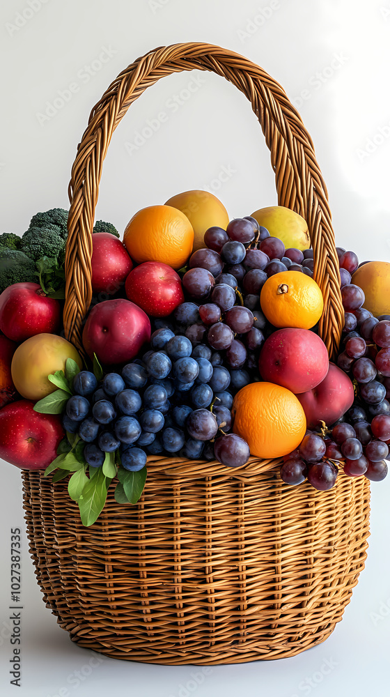 Many different fresh fruits in wicker basket isolated on white Many different fresh fruits in wicker basket isolated on white