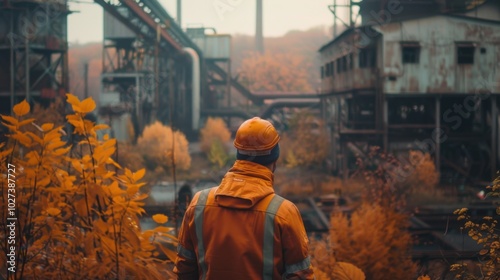 Steel mill inspector overlooks natureinspired landscapes in cinematic shot