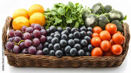 Many different fresh fruits in wicker basket isolated on white