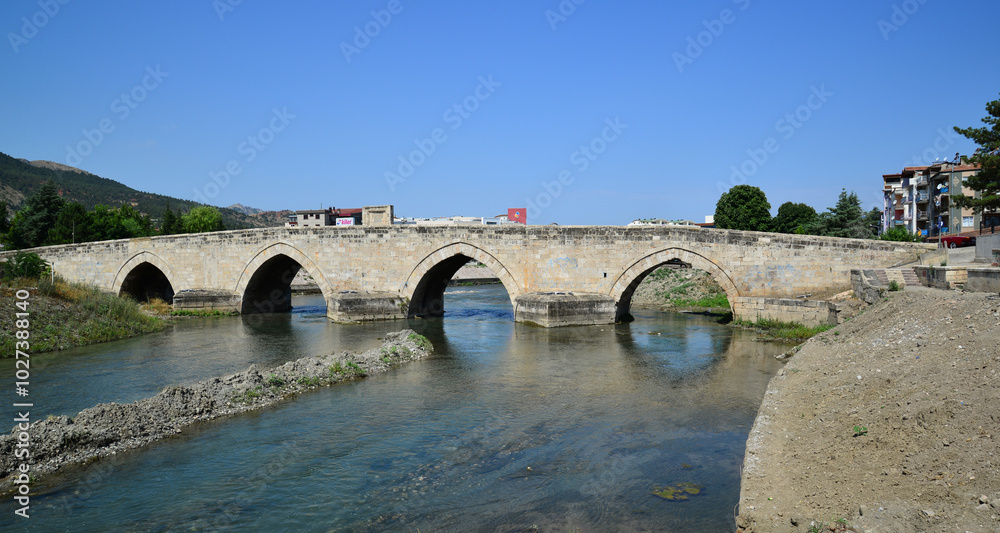 Fototapeta premium A view from the historical Hidirlik Bridge in Tokat, Turkey