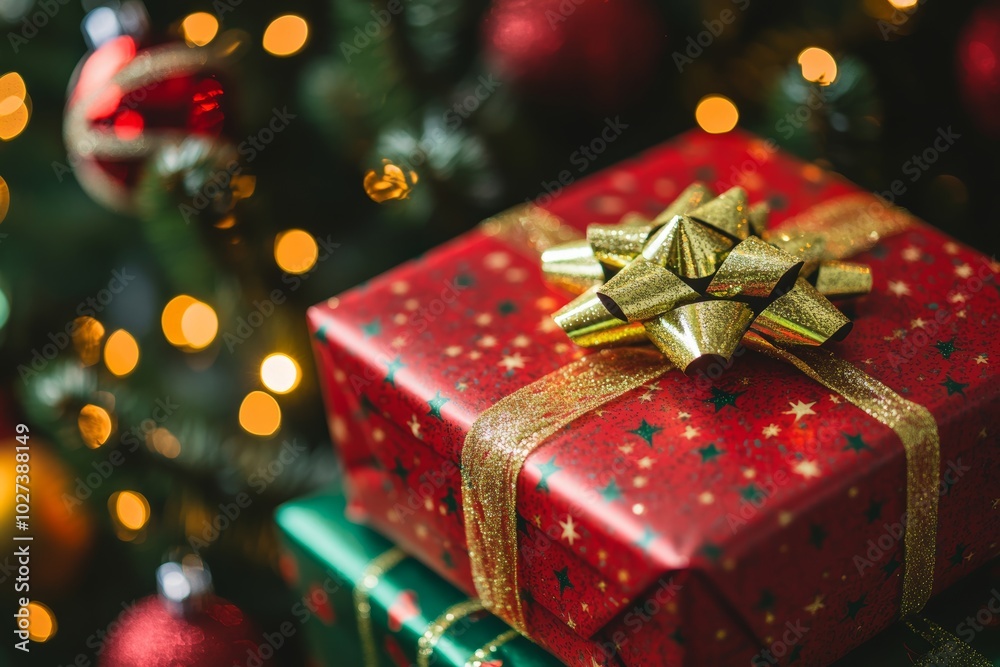 Christmas gifts box on festive background Christmas gifts box on festive background
