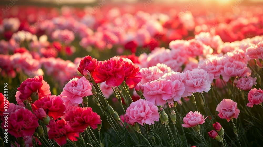 A field of pink and red carnations bathed in soft sunlight. A field of pink and red carnations bathed in soft sunlight.