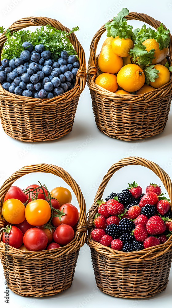 Many different fresh fruits in wicker basket isolated on white Many different fresh fruits in wicker basket isolated on white