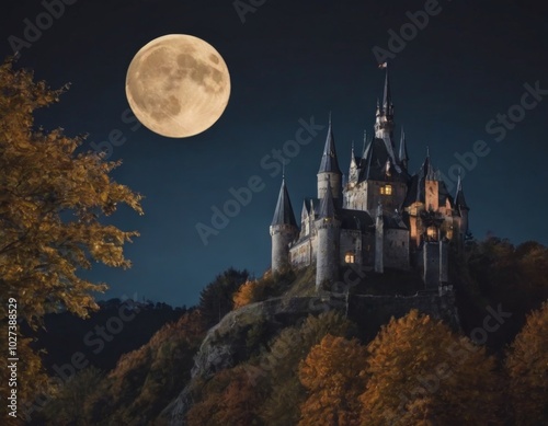 castle on a hill at full moon