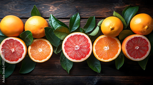 Fresh peeled pomelo, grapefruit, shaddock with green leaves on dark wooden plank table.