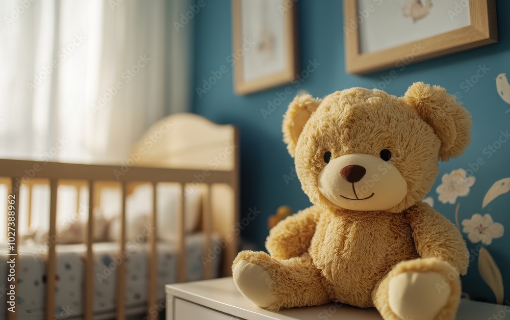 A plush toy displayed in a cabinet next to a mockup poster, with a cradle softly blurred in the background of a cozy baby's bedroom. A plush toy displayed in a cabinet next to a mockup poster, with a cradle softly blurred in the background of a cozy baby's bedroom.
