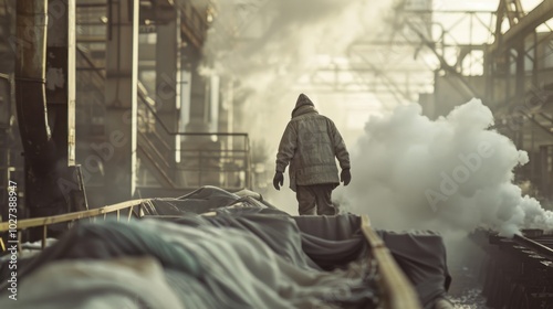 Highresolution cinematic shot of textile mill worker in natureinspired setting photo