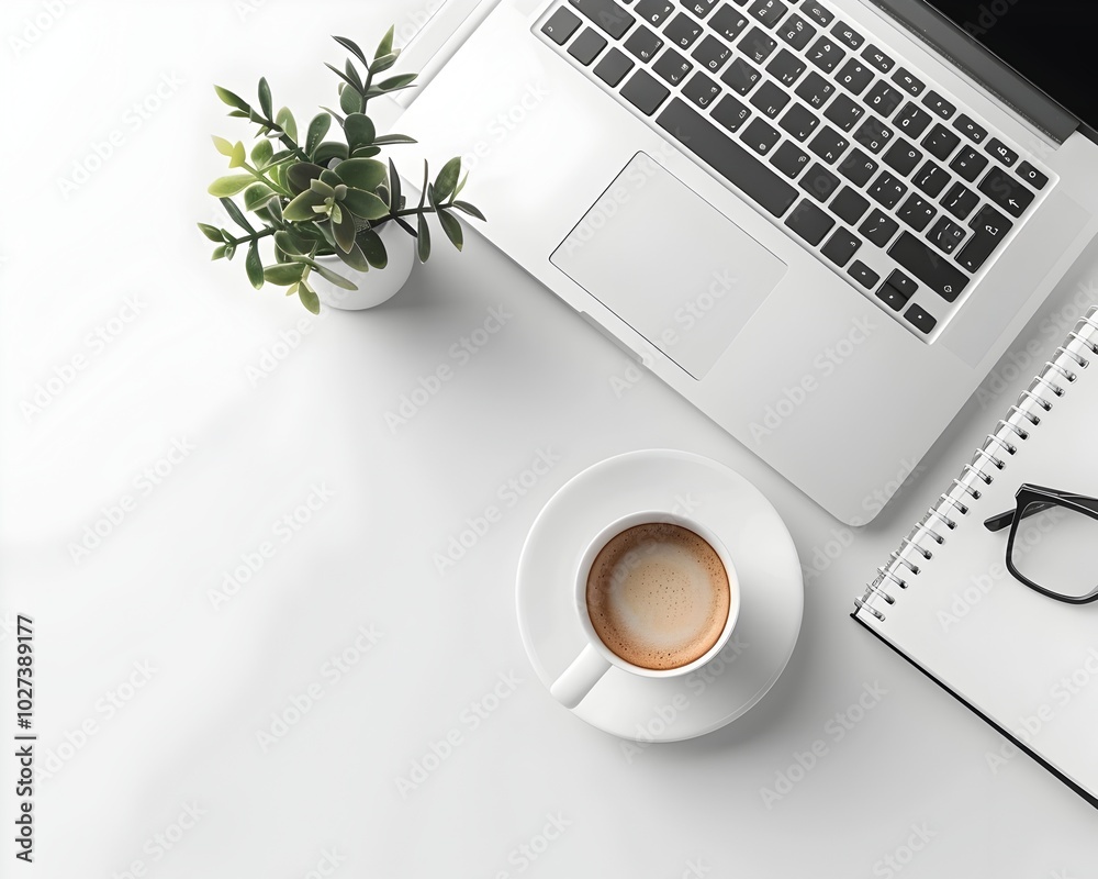Minimalist Home Office Setup with Laptop Notebook and Coffee Symbolizing Simplicity and Creativity Minimalist Home Office Setup with Laptop Notebook and Coffee Symbolizing Simplicity and Creativity