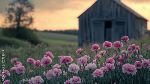 Wallpaper Mural Pink Flowers Blooming in Field with Old Wooden Building in Background Torontodigital.ca