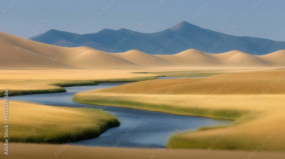 A winding river flows through soft golden dunes in a serene desert landscape, with blue mountains in the distance under a clear sky.. A winding river flows through soft golden dunes in a serene desert landscape, with blue mountains in the distance under a clear sky..