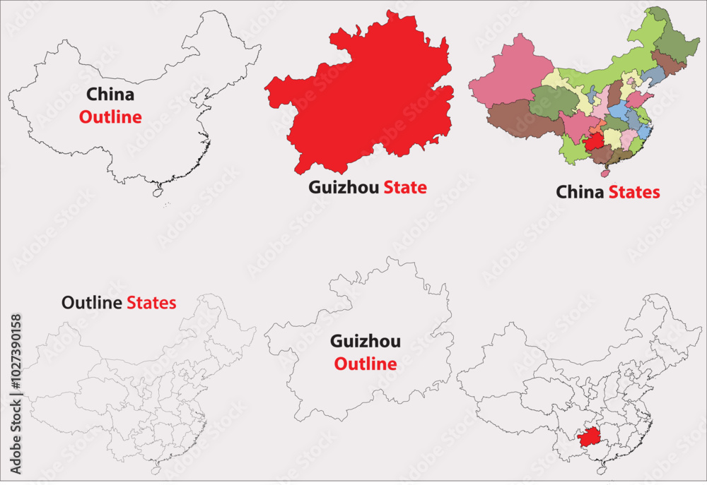 Fototapeta premium Guizhou map vector of China, Guizhou line map, Guizhou with city map, Guizhou outline map