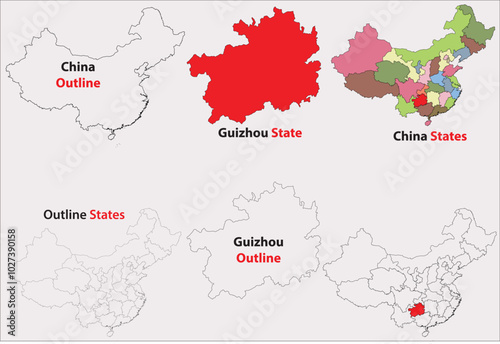 Guizhou map vector of China, Guizhou line map, Guizhou with city map, Guizhou outline map