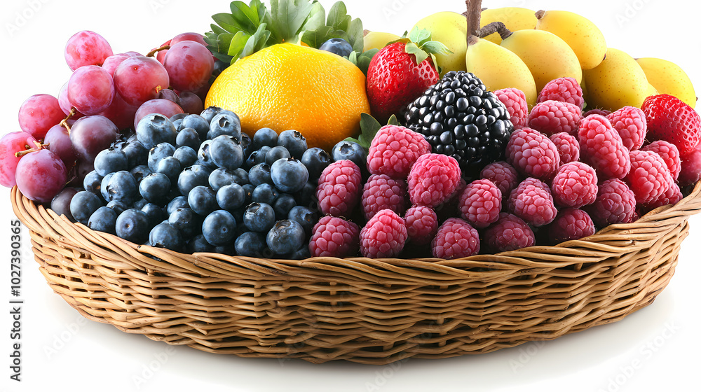 Many different fresh fruits in wicker basket isolated on white Many different fresh fruits in wicker basket isolated on white