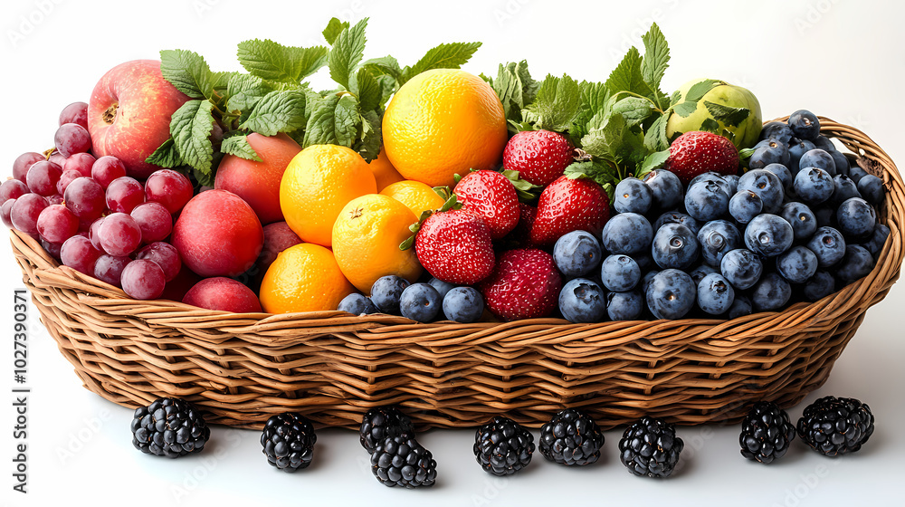 Many different fresh fruits in wicker basket isolated on white Many different fresh fruits in wicker basket isolated on white