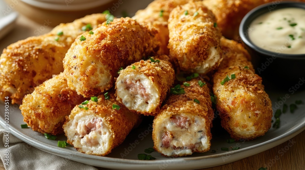 Golden Chicken Cordon Bleu Rolls on Platter Golden Chicken Cordon Bleu Rolls on Platter