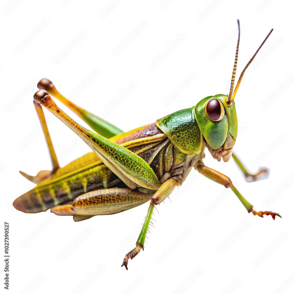 Close-up image of a grasshopper on a white background, showing legs and body details. Close-up image of a grasshopper on a white background, showing legs and body details.