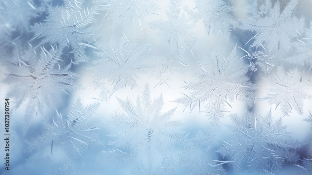 Frosty window with blue and white colors. Frozen glass surface. Icy pattern. Snowflake crystals. Winter background with space for text, design Frosty window with blue and white colors. Frozen glass surface. Icy pattern. Snowflake crystals. Winter background with space for text, design