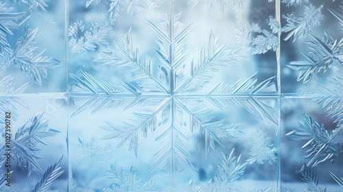 Frosty window with blue and white colors. Frozen glass surface. Icy pattern. Snowflake crystals. Winter background with space for text, design