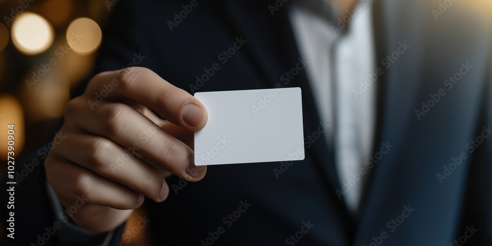 A professional holds out a blank business card, symbolizing opportunity, connectivity, and identity within a sophisticated business networking setting. A professional holds out a blank business card, symbolizing opportunity, connectivity, and identity within a sophisticated business networking setting.